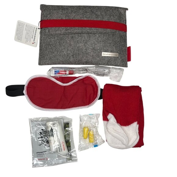 American Airlines Grey & Red Travel Amenity Kit W/Socks Eye Mask Earplugs Etc. - Picture 1 of 3